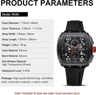 HANPOSH Чоловічий годинник: аналоговий кварцовий годинник з водозахистом, спортивний стиль, тактичний дизайн (чорний)