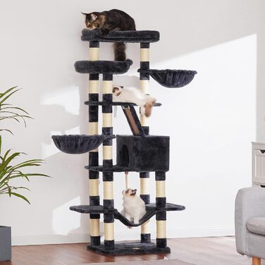 Багатоповерховий котячий будиночок Heybly Kratzbaum HCT025G, 173 см, з 16 стовпчиками для дряпання, 2 платформами, гамаком, печерею та іграшками