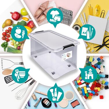 Deuba® Storage Boxes 6 x 60L with Lid and Wheels, Stackable, Transparent BPA-Free Plastic, Click Closure, RB60 for Office, Garage, Laundry Room