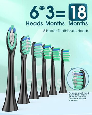 Електрична зубна щітка для дорослих з 6 насадками, перезаряджувана звукова щітка, чорна (1 шт.)