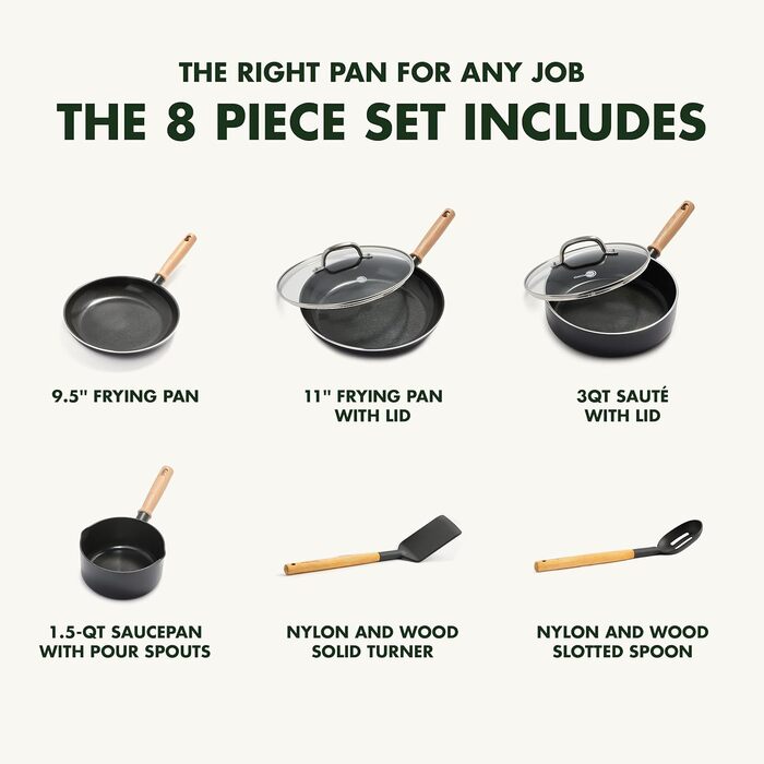 GreenPan Hudson Healthy Ceramic Non-Stick Coating, 8-Piece Cookware Set, Pots and Pans, Vintage Wood-Inspired Handle, PFAS-Free, Dishwasher Safe, Black 8 Piece Cookware Pots and Pans Set Schwarz