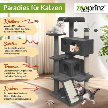 Преміум кігтеточка Zooprinz – велика XXL кігтеточка для котів, з товстими сизалевими стовпчиками, будиночком, гамаком, м'ячиками та мотузкою. Зі штучною мишкою. Когтеточка (Темно-сірий)
