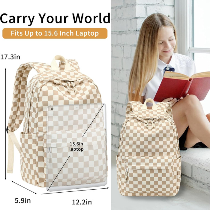 Шкільний рюкзак LOIDOU для дівчаток та хлопчиків підліткового віку: легкий, водонепроникний, для школи, коледжу та роботи. Колір: коричнево-білий у клітинку