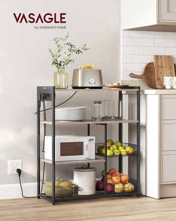 Стелаж кухонний VASAGLE з розетками, 2 металеві кошики, гачки, полиці, 35 x 80 x 93,5 см, індустріальний дизайн, vintagebrown-tintenschwarz