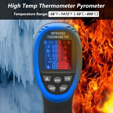 Інфрачервоний термометр 985E -50°C до 800°C з лазером, подвійний лазер, регульована емісійність, 20 комірок пам'яті, безконтактний для промисловості, піци, кухні (12 годин роботи від акумулятора) LC-985E