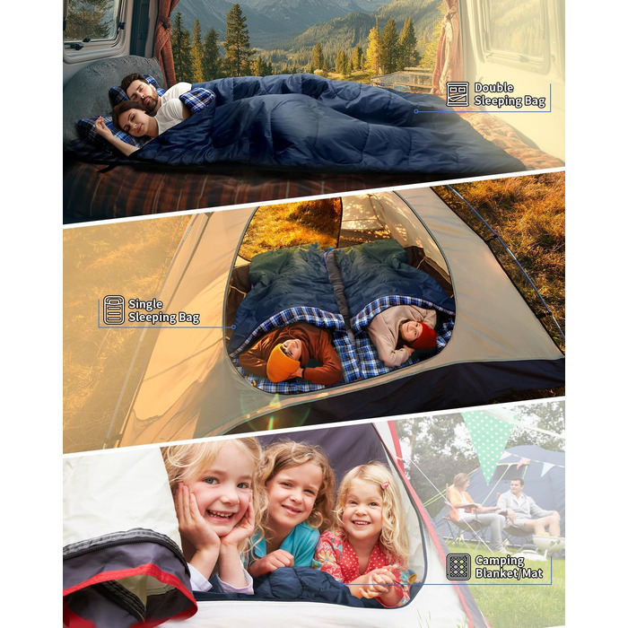 Спальний мішок Outdoor Sportneer для 2 осіб, 3 сезони, 220x150 см, 2.75 кг з 2 подушками (синій)