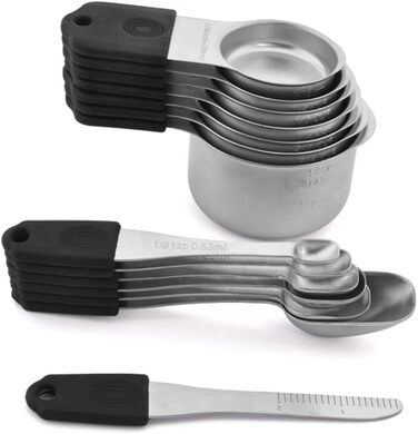 Magnetic kitchen collection of 14 measuring cups and spoons set made of stainless steel for dry and liquid ingredients, dishwasher safe, rust-proof, imperial and metric (black color)