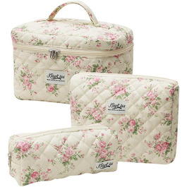 Косметичка для жінок, набір 3 шт. велика бавовняна косметичка для подорожей, органайзер для макіяжу, косметична сумочка з квітковим візерунком (рожева маленька квітка)