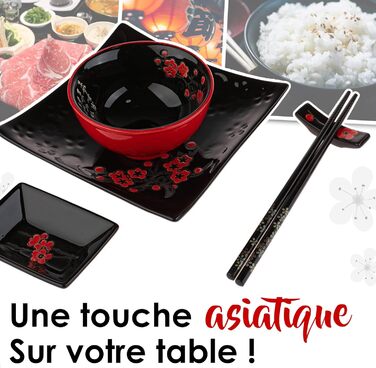 Японський набір для суші: 2 тарілки, палички, підтарілки з порцеляни з квітковим візерунком. Ідеальний подарунок