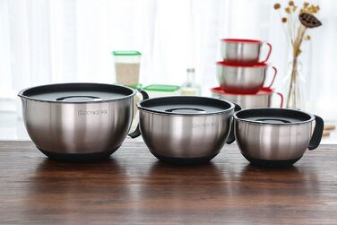 Rorence Stainless Steel Mixing Bowls with Pour Spout, Handle, and Lid, Set of 3, Black