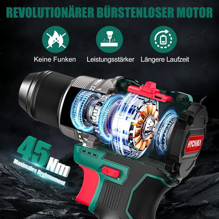 Акумуляторна дриль-шуруповерт HYCHIKA NBT-CD-16.8A-BL: 45Nm, 23+1 момент, 53 шт. аксесуарів, LED, 1500mAh