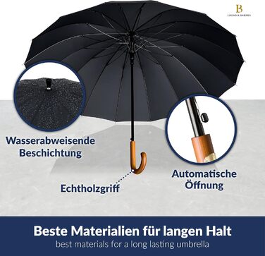 Edinburgh Windproof Umbrella - Large 16-Rib Black Umbrella with Wooden Handle & Silent Tip - LOGAN & BARNES