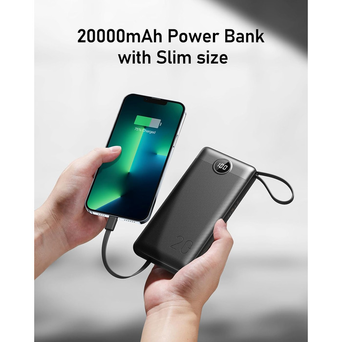Power Bank 10000mAh з LED дисплеєм та інтегрованими кабелями. Сумісний з iPhone, iPad, Samsung, Xiaomi, Google Pixel. Чорний