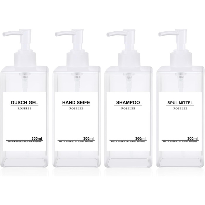 Набір дозаторів для мила Roselee (4 шт.), 300 мл, прозорі, для кухні та ванної кімнати
