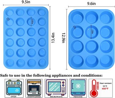 2 Pack Silicone Muffin Baking Mold Set - Regular 12 Cups + 24 Cups Cupcake Mold BPA Free, Non-Stick, Heat-Resistant, Food-Grade Silicone Baking Molds with Bonus 1 Silicone Spatula & 1 Oil Brush blue