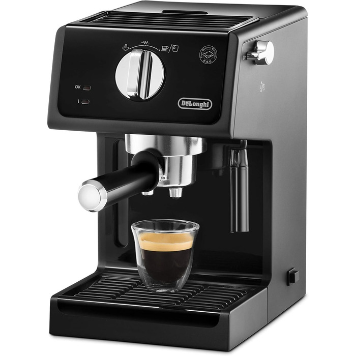 De'Longhi ECP 31.21 – Espresso Portafilter Machine, Espresso Machine with Aluminum Finish, including manual milk frother, with hot water function, suitable for ESE pods, 1.1 l water tank, black