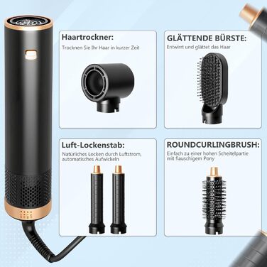 RUIZHI Airstyler 5 в 1: Фен-щітка для волосся з 5 насадками, 110000 обертів/хв, 3 температурні режими, для об'єму, локонів та випрямлення волосся