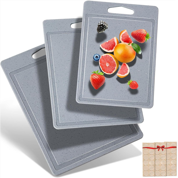 Набір обробних дощок 3 шт. з імітацією граніту, антиковзкі наклейки, канавка для соку, BPA-Free, з ручкою. Пластикові обробні дошки, антибактеріальні, кухонні аксесуари, гаджети, помічники (сірий, 3 шт.)
