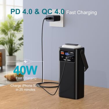 Power Bank 50000mAh з кабелем, швидка зарядка USB-C PD20W/QC22.5W, LED-індикатор, 2 входи/5 виходів, для телефонів, планшетів, подорожей, кемпінгу - Чорний
