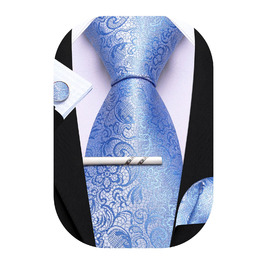 Краватка з шовковим візерунком пейслі Barry.Wang, комплект з кишеньковим хустинкою та запонками, для урочистих заходів та весілля, 3 шт. (Світло-блакитний пейслі)