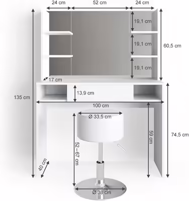Vicco Vanity Table Daenerys, Dressing Table White, 100 cm White (White, with mirror & stool)