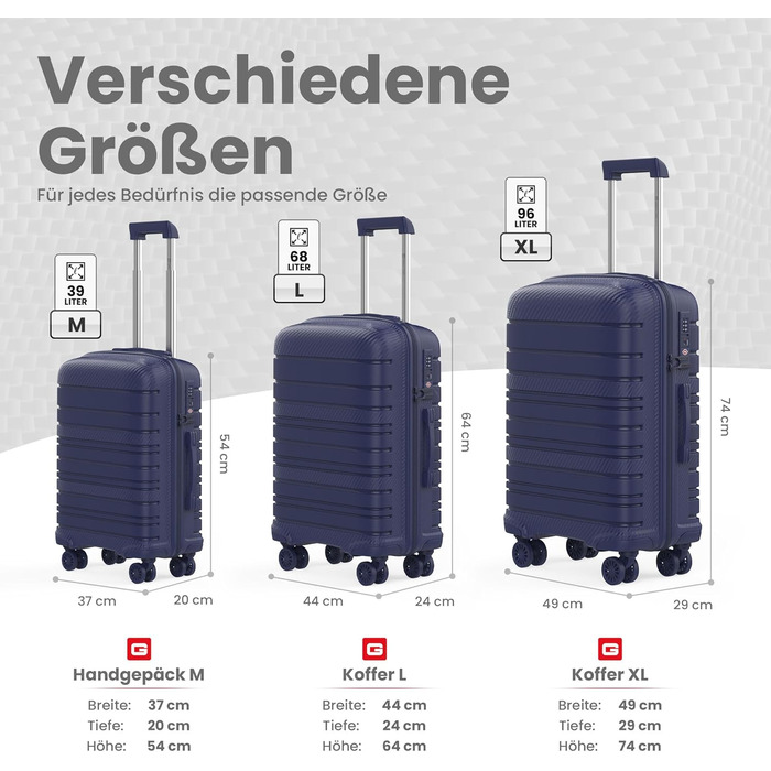 Чемодан GENTOR великий з колесами 64x44x24 см – легкий жорсткий чемодан Trolley з TSA-замком – валіза з жорстким корпусом для подорожей та відпочинку (XL, темно-синій)