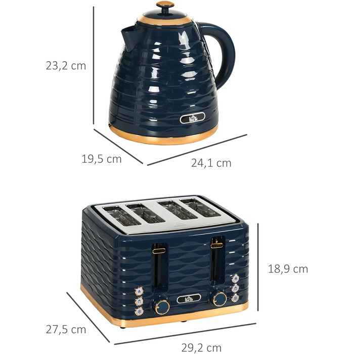 Набір для сніданку HOMCOM: чайник 1.7л та тостер на 4 тости, 2200 Вт, 7 рівнів підсмажування, функція розморожування, підігріву, зйомний піддон для крихт, термостат Otter, блакитний