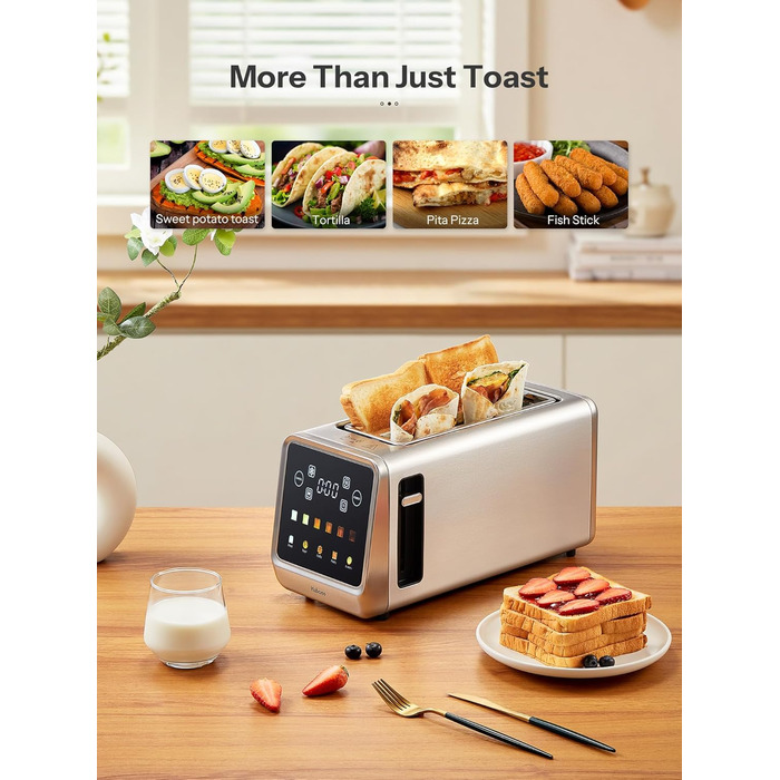 Тостер з нержавіючої сталі з сенсорним екраном та функцією пам'яті, 4-х слайсова модель з 6 рівнями підсмажування та 5 режимами для хліба, функціями розморожування та підігріву, технологією Single Slot