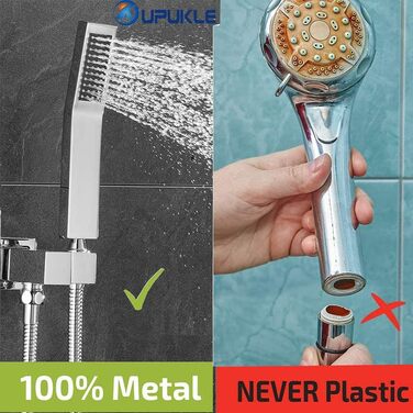 Shower head with hose 1.5m, high-pressure handheld shower with hose, brass fixed shower head with hose, water-saving shower head with pressure boosting for higher water pressure, with 1 jet type (square)