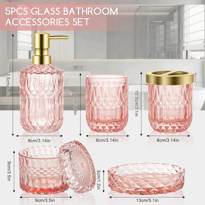 Набір аксесуарів для ванної кімнати зі скла: мильниця, дозатор мила, стакан, тримач для зубних щіток, контейнер для ватних паличок, рожевий колір