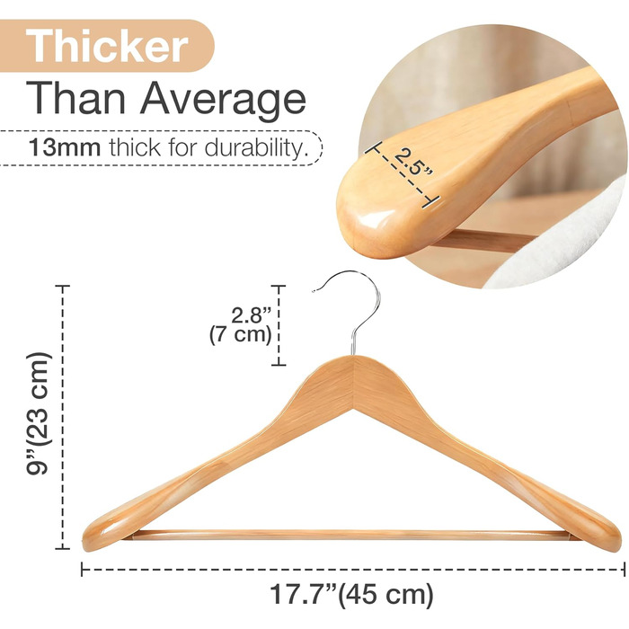 Дерев'яні вішалки для одягу 10 шт. – широкі плечики з натурального дерева, неслизькі та стабільні з перекладиною для штанів та 360° обертовим гачком, для костюмів, курток, сорочок та пальто, натуральне дерево