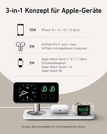 Складана бездротова зарядна станція Anker MagGo 3-в-1 Qi2 15W для iPhone 17/16/15/14/13/12, Apple Watch Ultra та AirPods Pro (з адаптером USB-C та кабелем)