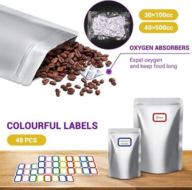 Mylar bags with oxygen absorbers for food, 43.5 x 71 cm, 25 x 35 cm, 1 Quart 15 x 22 cm, 8.6 Mil, Mylar bags with oxygen absorber 23000cc + Labels, vacuum sealer bags (50 pieces)