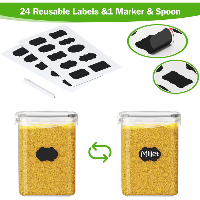 Набір з 24 герметичних контейнерів для зберігання продуктів та органайзер для холодильника, BPA-free, об'єм 42L, з етикетками