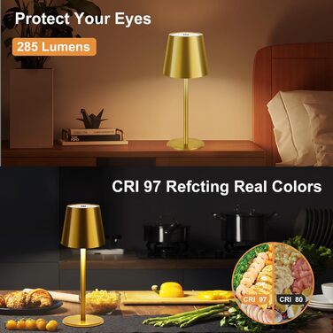 Світлодіодна настільна лампа бездротова з сенсорним керуванням, USB-C, димування, акумуляторна, 3 режими світла, регульована висота, IP54 водонепроникна, золота. Для ресторану, спальні, бару, вулиці