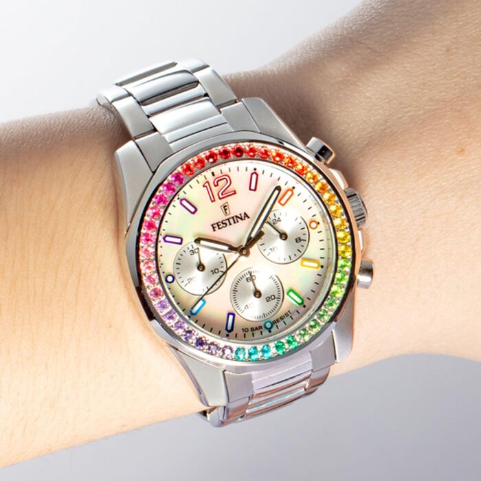 Жіночий кварцовий годинник Festina Boyfriend Chronograph F20606/2, сталь 316L, сріблястий, водонепроникність 10 ATM