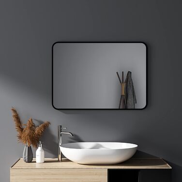 Дзеркало настінне прямокутне з заокругленими кутами, 40x60 см, чорне, нержавіюча сталь. Підходить для ванної кімнати та вітальні.