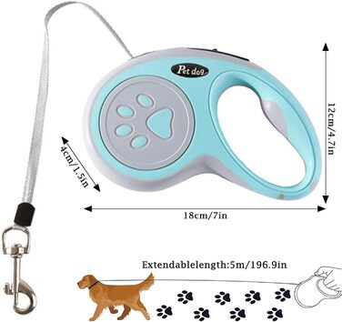 Висувна поводок для собак, 5 м, тренувальний поводок з міцної нейлонової стрічки, одноручна гальма та пауза без переплетень, замок для собак маленьких та середніх порід (Рожевий) (Блакитний)