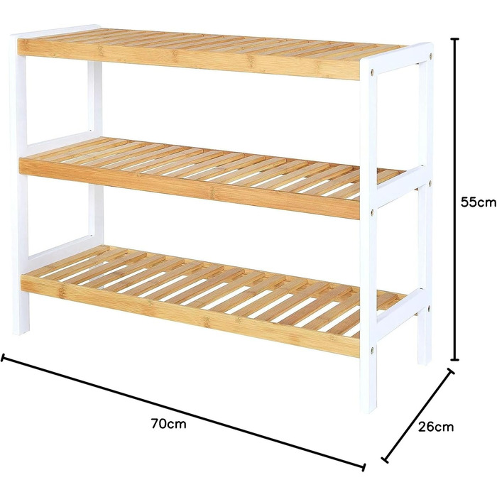 Dibea Shoe Rack with 3 Shelves, Shoe Cabinet, Bamboo Shelf, Standing Shelf, Kitchen Shelf, Living Room Shelf, 70x26x55 cm, Natural/White