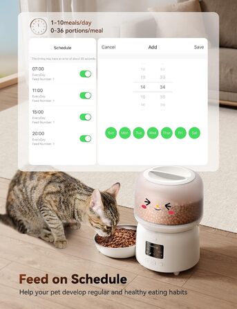 Автомат годування котів FEELNEEDY з додатком, WiFi, нержавіюча сталь, 3L, білий. Програмування до 10 прийомів їжі на день, сповіщення про застрягання корму та низький заряд батареї