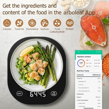 Кухонні ваги Arboleaf Digital з додатком, 10 кг/0.5 г, Bluetooth, підрахунок калорій, USB-зарядка, точність до грама, скло, функція тарування (білий/чорний)