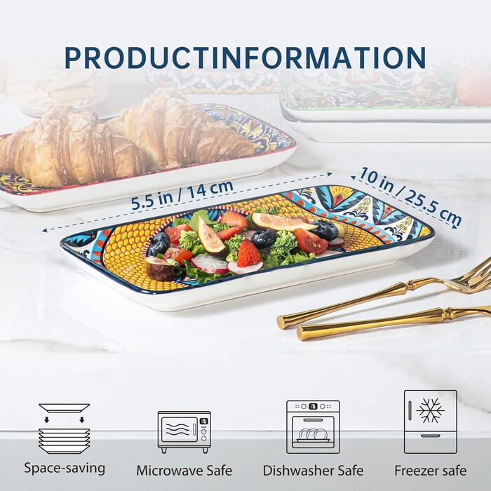 Сервіровочні тарілки HENXFEN з порцеляни, 10 дюймів, набір прямокутних тарілок для салату, закусок, сашимі, богемний квітковий дизайн у 6 яскравих кольорах