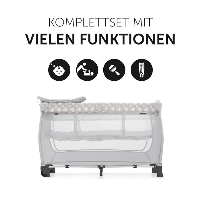 Hauck Travel Crib Sleep N Play Center with Newborn Nest, Changing Pad, Carry Bag, Wheels, Canopy, Compact Folding, Baby Travel Bed for Infants from Birth up to 15 kg (Teddy Grey)