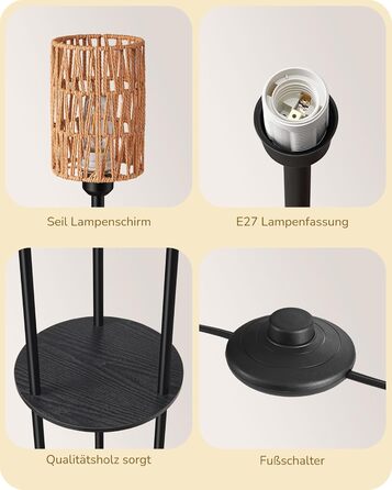 Стійка лампа EDISHINE для вітальні з трьома плафонами, вінтажний стиль, полиця, абажур з ротангу, 3 x E27, з лампочками, бохо-стиль, з вимикачем на ніжці, 178 см, чорний
