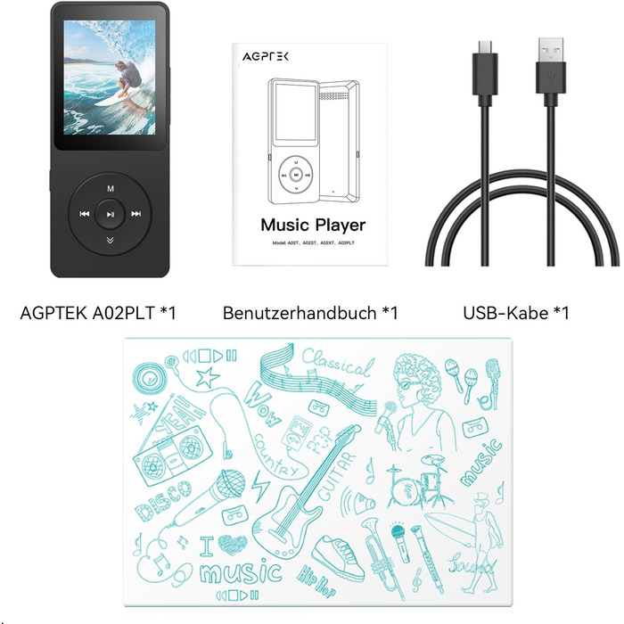 MP3 плеєр AGPTEK 64GB Bluetooth 5.3, 1.8