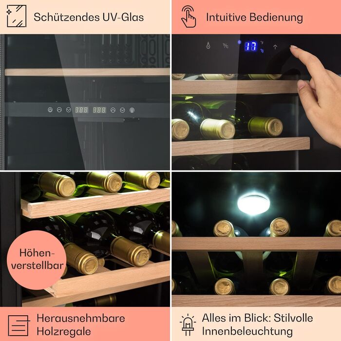 Klarstein Wine & Beverage Refrigerator - 1 Zone, 19 Bottles, UV Protection, 4-18°C, Freestanding, Silver & Black