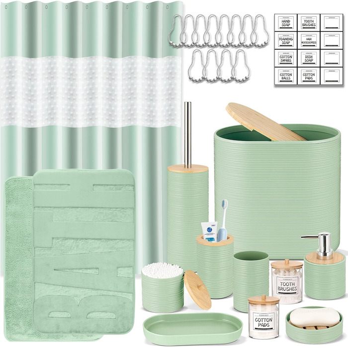 Набір для ванної кімнати IMAVO, 26 предметів: аксесуари для ванної, душова завіса, килимки, сміттєвий бак, піднос, дозатор мила, мильниця, тримач для зубних щіток, стакан для зубних щіток (зелений)