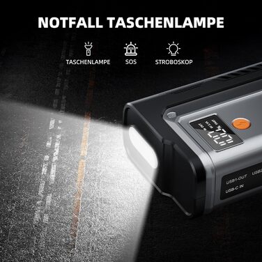 Powerbank Starthilfe 7000A: портативний пусковий пристрій для авто 12V (бензин, дизель до 12.0L), з LED ліхтариком та USB зарядкою, сріблястий