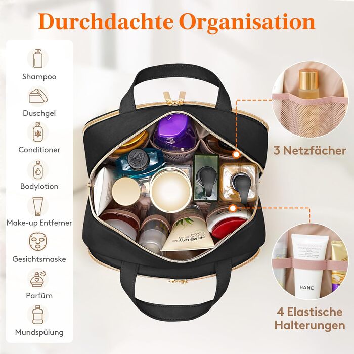 Жіноча дорожня косметичка Lifewit 10L, водовідштовхувана, з відділенням для мокрого, органайзер для макіяжу та аксесуарів, чорна