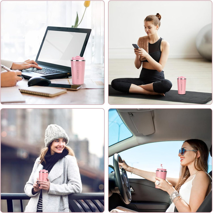 Термокружка Flintronic 510 мл з подвійними стінками, з нержавіючої сталі, з кришкою, для кави та чаю (рожевий)